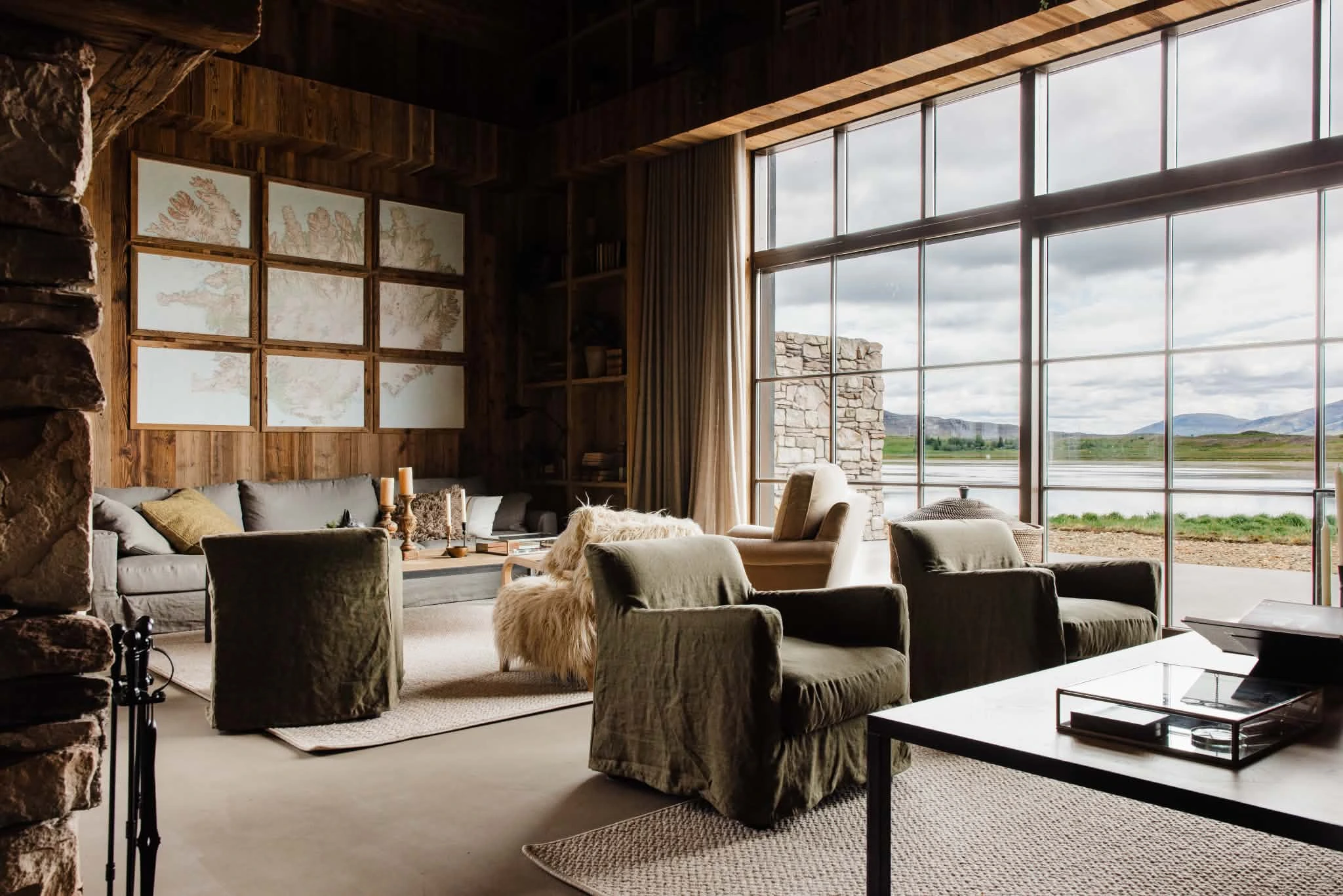 Reclaimed Wood — Brushed reclaimed timber interior lining at Contemporary lakeside lounge finished in Brushed Natural reclaimed timber, Iceland