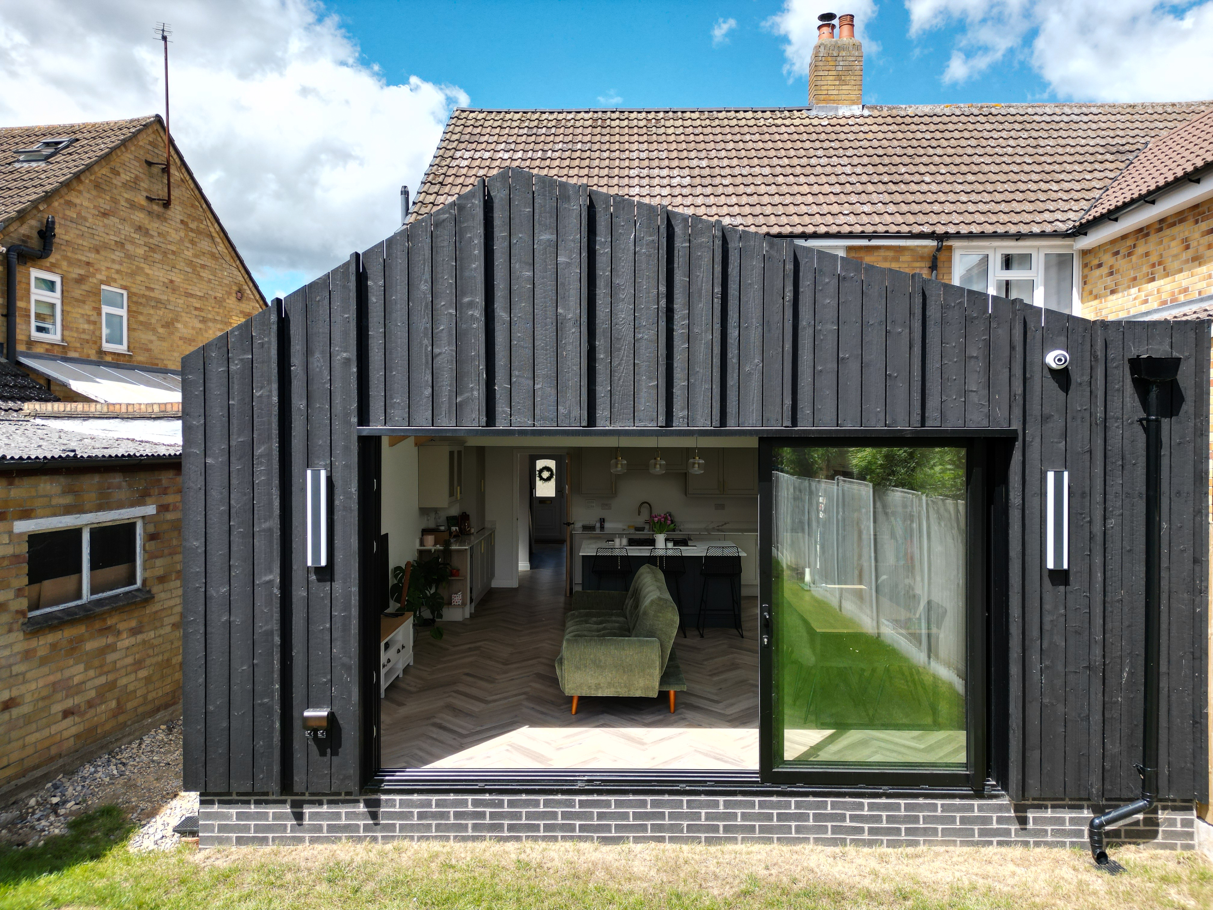 KIME Black charred spruce exterior cladding at Gabled House Extension in Black Charred Timber, Bedford, UK