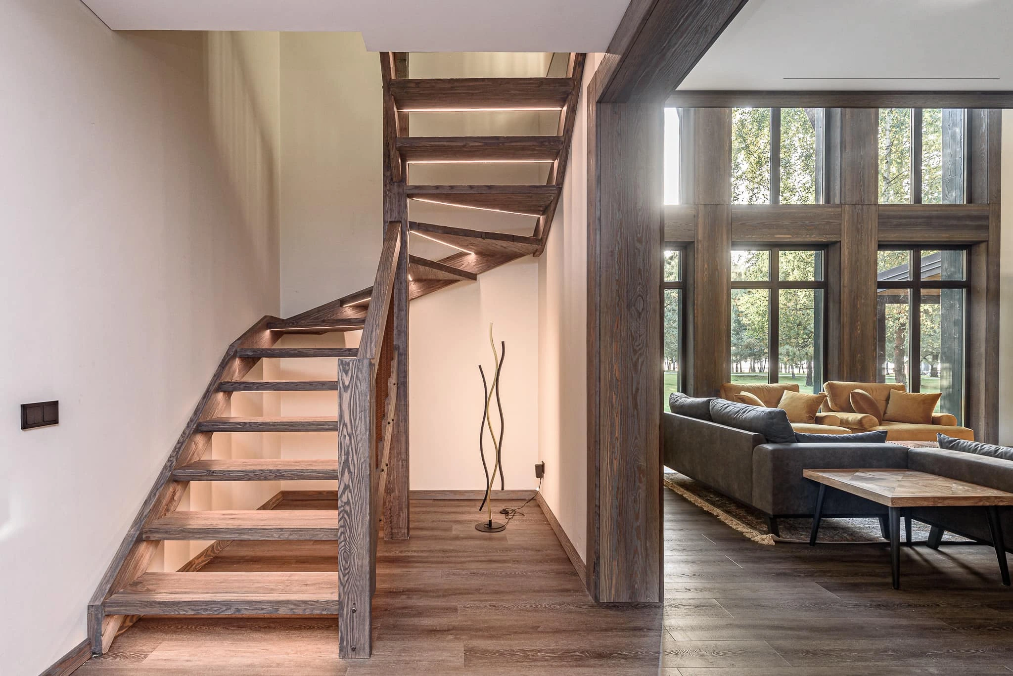 KIME Sand Grey charred spruce interior lining at Sunlit Lodge Interior in Kime Sand Grey, Lithuania